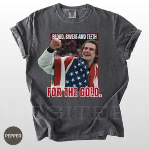Jack Hughes Bloody Tee – Blood Sweat and Teeth for the Gold USA Hockey Shirt – Olympic Golden Goal T-Shirt