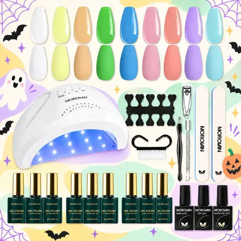 Morovan All-in-1 Assorted Shades Gel Nail Polish Kit - 48W UV Light, 9 Pastel Chip-Proof Shades (Including Lavender, 8ml Each), Base/Top Coats, Nail Art Accessories, Curated Palette, Brush, Nipper, 24-Month Use, Ideal for Adults, Perfect Gift