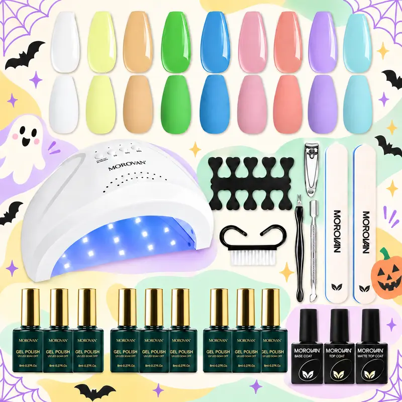 Morovan All-in-1 Assorted Shades Gel Nail Polish Kit - 48W UV Light, 9 Pastel Chip-Proof Shades (Including Lavender, 8ml Each), Base/Top Coats, Nail Art Accessories, Curated Palette, Brush, Nipper, 24-Month Use, Ideal for Adults, Perfect Gift