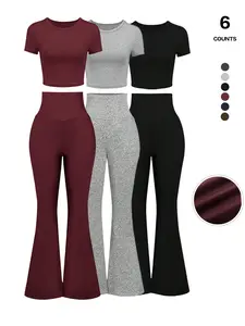 Women's 2 Piece Matching Lounge Set Gym Casual Wear Short Sleeve Crop Top and High Waisted Flare Leg Pants Yoga Outfit