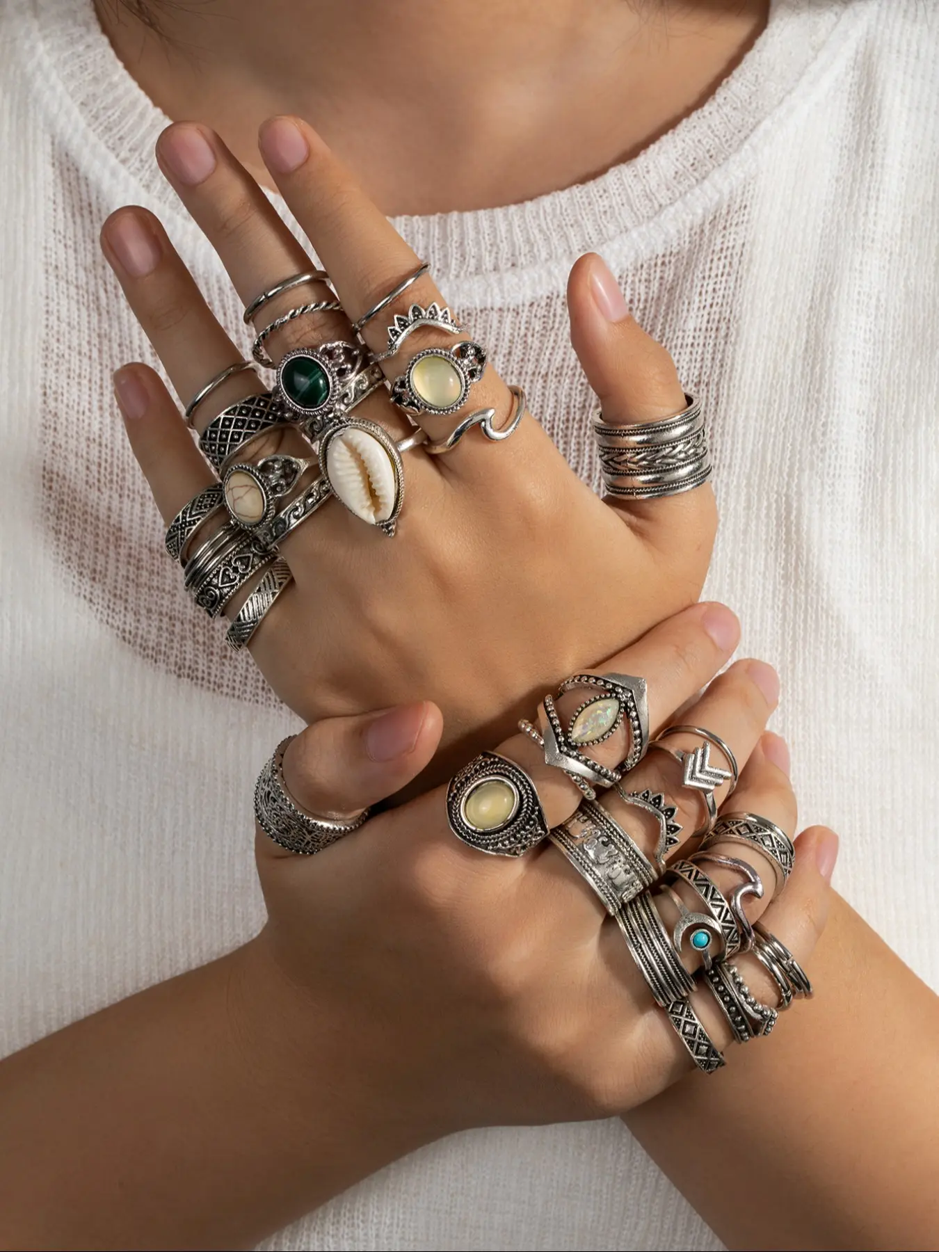 Boho Geometric Patterns Turquoise Wide Band Unique Bohemian Flair Rings Set, 30 Pcs Random Heart Wave Adjustable Open Ring for Women, Daily Wear Stackable Jewelry
