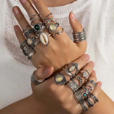 Boho Geometric Patterns Turquoise Wide Band Unique Bohemian Flair Rings Set, 30 Pcs Random Heart Wave Adjustable Open Design Ring for Women, Daily Wear Stackable Jewelry