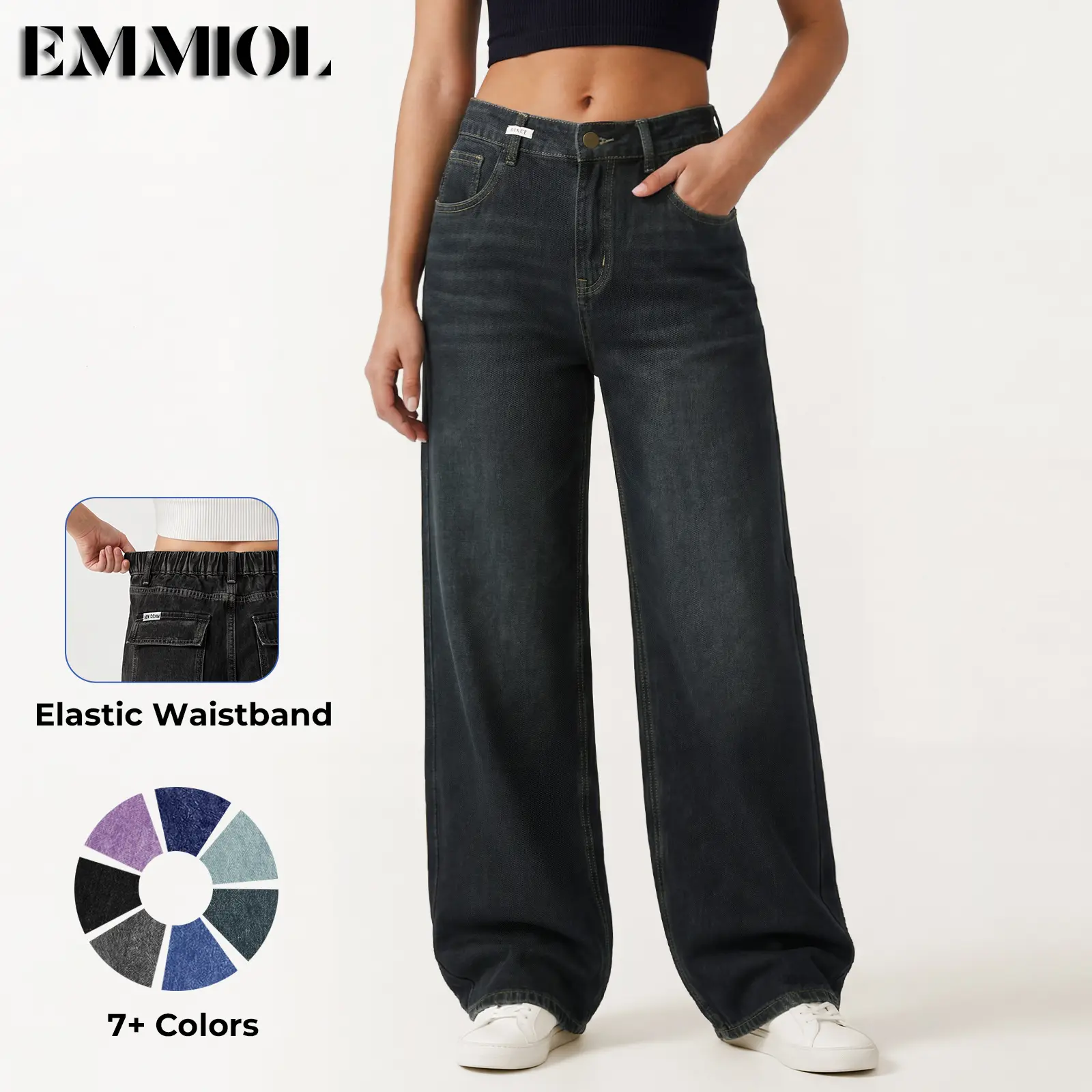 EMMIOL【Back to School】Low Rise Baggy Jeans for Women 90s Y2K Vintage Wide Leg Denim Pants Streetwear Boyfriend Style