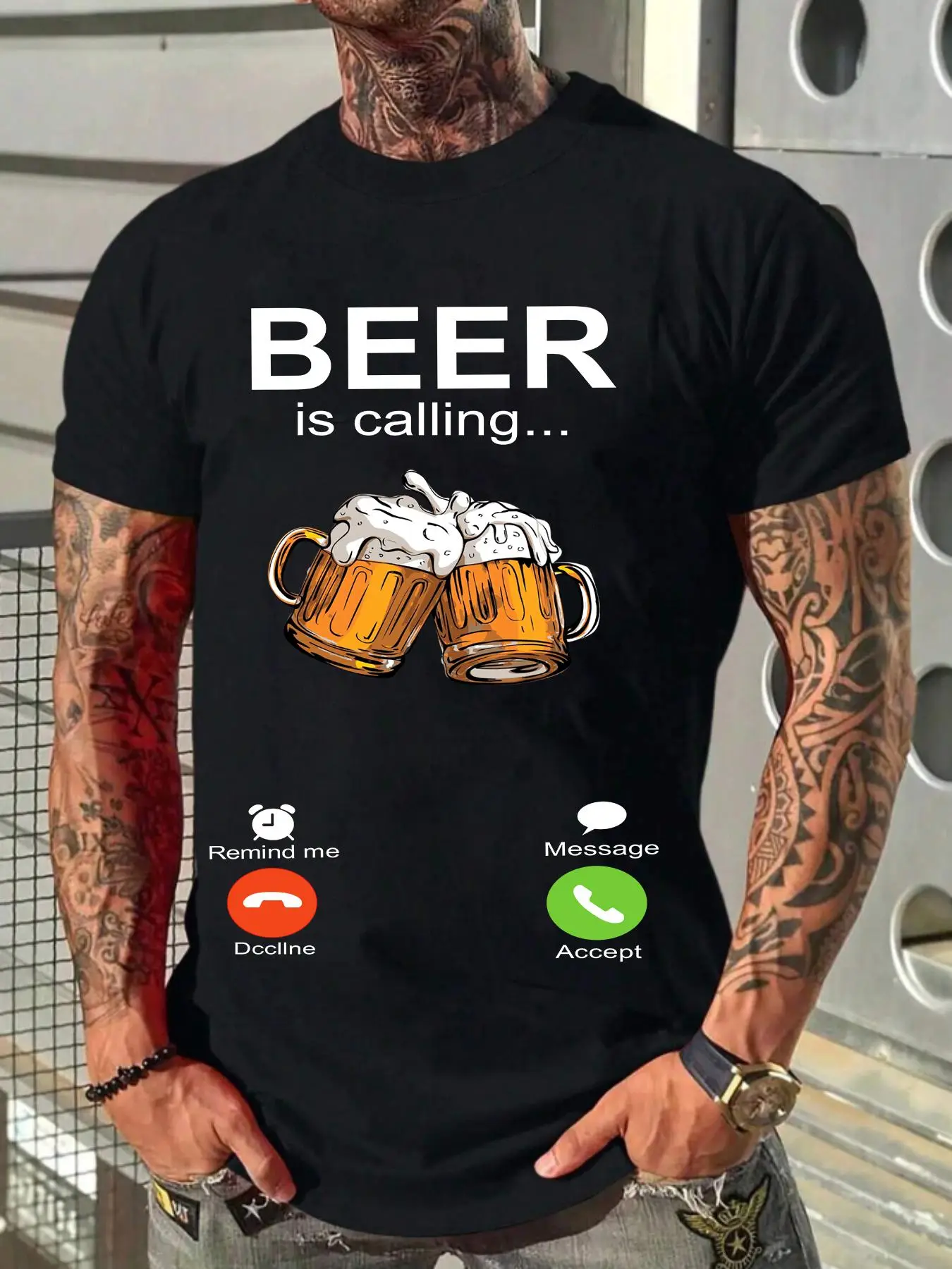 Men's Beer & Letter Graphic Round Neck Tee, Casual Comfy Regular Fit Short Sleeve T-Shirt for Summer, Knitting Top for Men