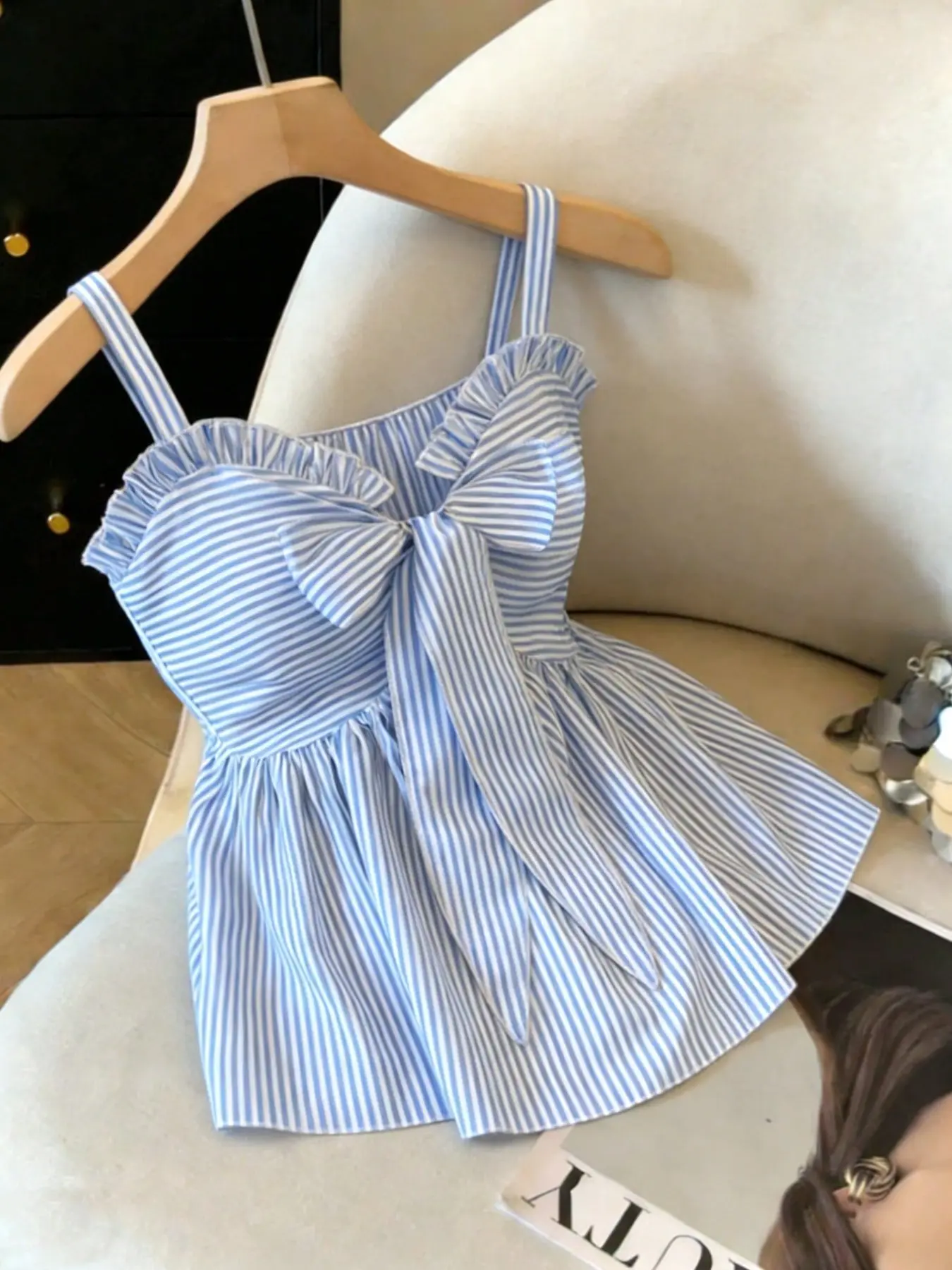 New Summer Women's Top Camis, Fashion Casual Strappy Backless Tank Design, Blue Stripe, Slimming Waist, Sexy Daily Wear, Perfect for Dates