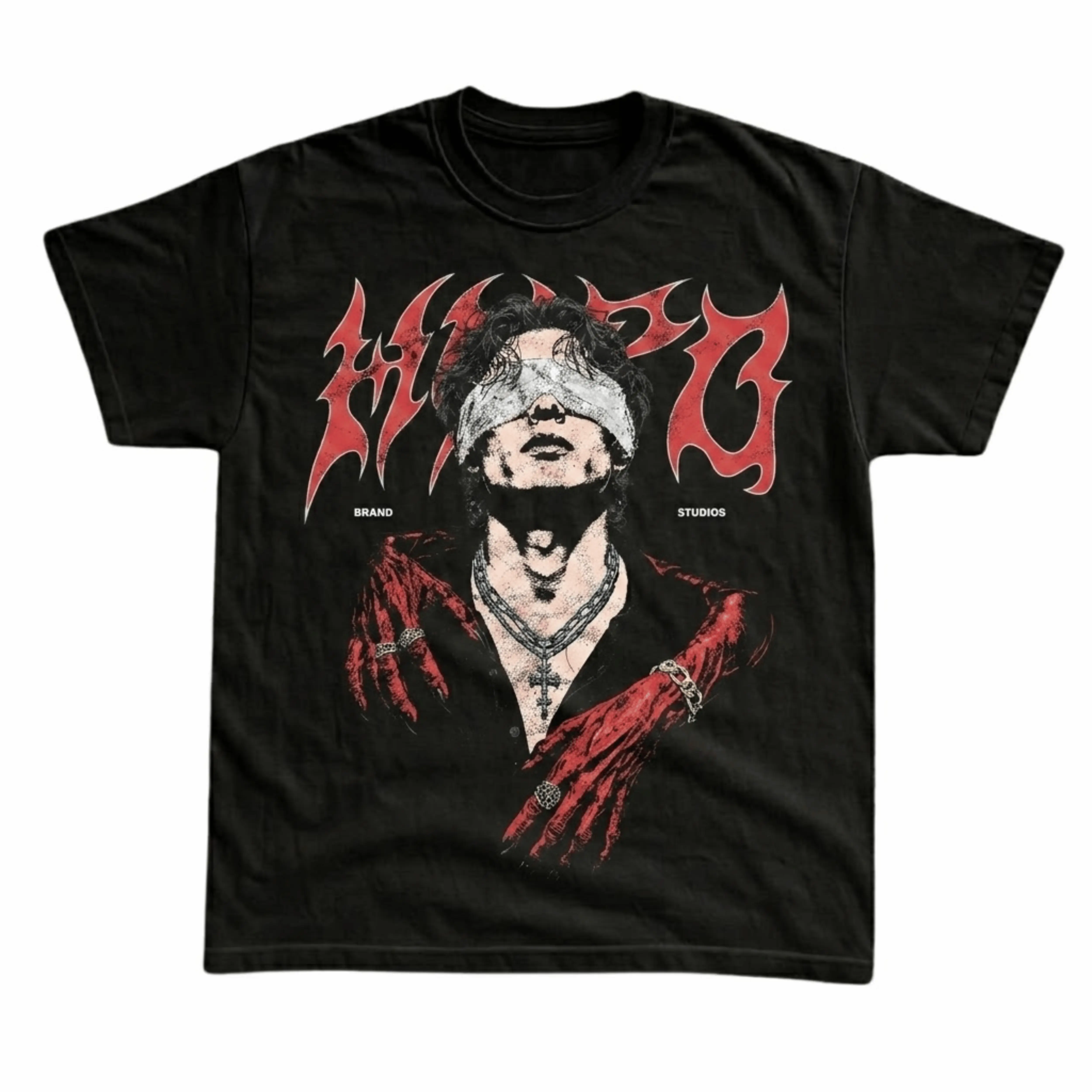Gildan Men's and Women's T-Shirt, Vintage Blindfolded Portrait Graphic Tee, Red Hands Cross Necklace Top, Cyber Sigilism Clothing, Y2K Grunge Streetwear, Opium Core Apparel, Alt Punk Clothes Unisex Menswear