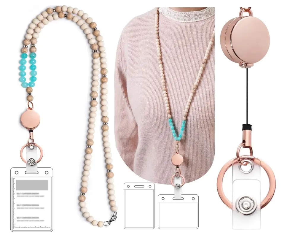 Lanyards for Id Badges for Women, Cute Teacher Lanyard with ID Holder and Retractable Badge Reel for Keys, Wooden Beaded Keychain Lanyard