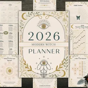 2026 Modern Witch Planner Book, Moon Magic Diary Notebook, Cross-Border English Floral Designs, Stylish Daily Organizer