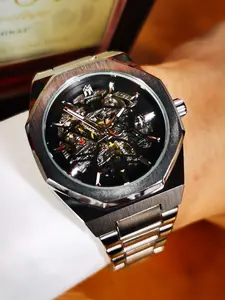 1pc Fashion Irregular Skeleton Automatic Mechanical Watch for Men Luminous Hands Stainless Steel Strap Luminous Analog Watch Business Casual Mens Watches Top Brand Luxury Wristwatches