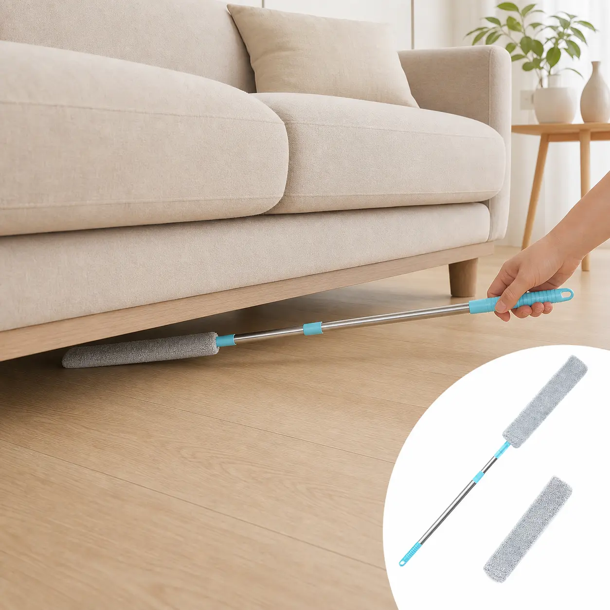 Microfiber Gap Duster with Handle, Stainless Steel Adjustable Flexible Bending Cleaning Tool for Home Corners, Under Furniture, with Removable & Washable Extra Replacement Head