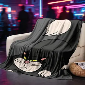 1pc 2026 New Home Blanket | Black and White Cat Pattern Printed, Multi-Use for Sofa, Bed, Beach, Camping, Lightweight Travel Comfort, Soft Flannel, All Seasons-280GSM