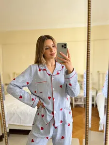 Women's Blue Striped Heart Spring Summer Pajama Set, Casual Lapel Button Front Shirt and Pants, Comfortable Ladies Sleepwear, Cute Clothes