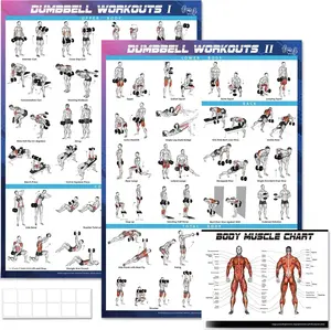 Dumbbell Workout Poster Set (2 Pack) - Workout Charts for  Gym, Volume I & II - 18" x 24" with Enlarged Dumbbell Exercise Illustrations