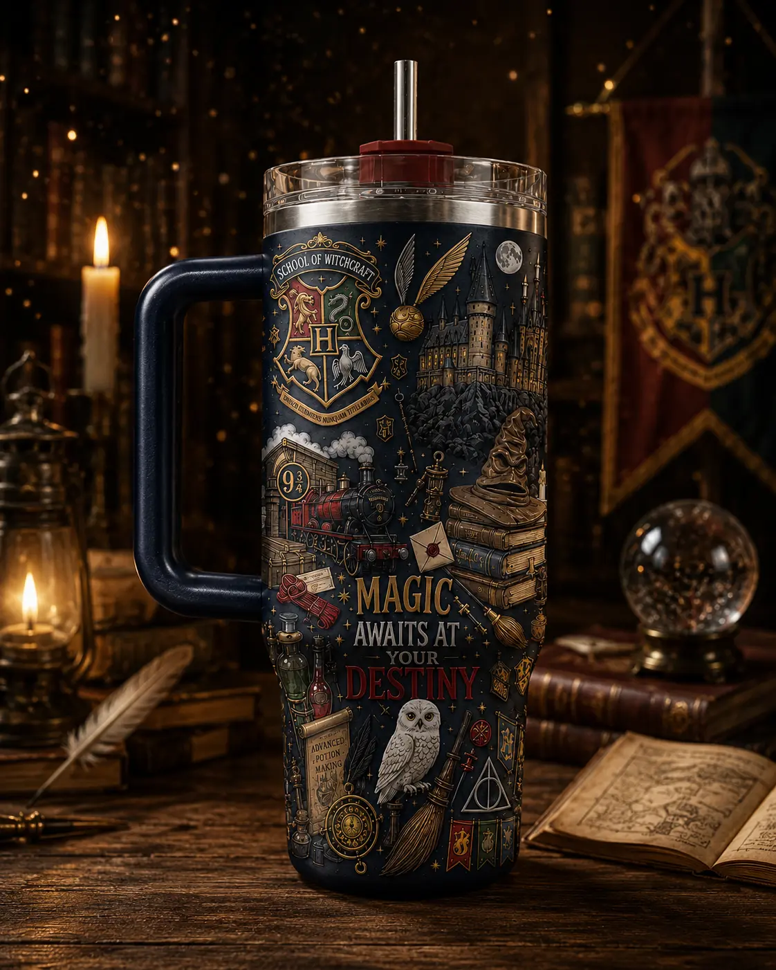Magic Awaits 40oz Tumbler, Wizard School Inspired Insulated Travel Cup, Dark Academia Fantasy Magic Mug with Handle & Straw, Owl Lover Gift