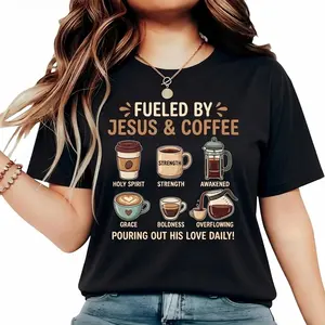 Fueled by Jesus and Coffee T-Shirt - Christian Faith Graphic Tee for Men and Women, Inspirational Religious Coffee Lover Gift, Vintage Short Sleeve Casual Cotton Shirt, Spiritual Scriptural Apparel