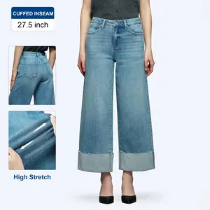 Stretchy High Rise Baggy Wide Leg Jeans | Deep Folded Cuff Cropped Denim | 27.5" Ankle Length Retro Summer Pants for Women church outfits hispanic girl