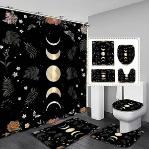 Creative Mystical Moon Phase Magic Shower Curtain Set, Background, Starry Sky, Floral Elements, Includes 12 Hooks, Home Bathroom Decor