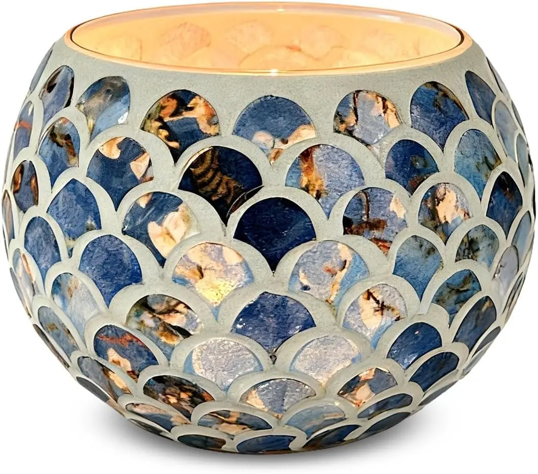 Mosaic Glass Tea Light Holders Romantic Votive Candle Holder (L) | Round Handmade Tealight Candle Holder, for Table Centerpieces, Christmas, Party, Home Decor