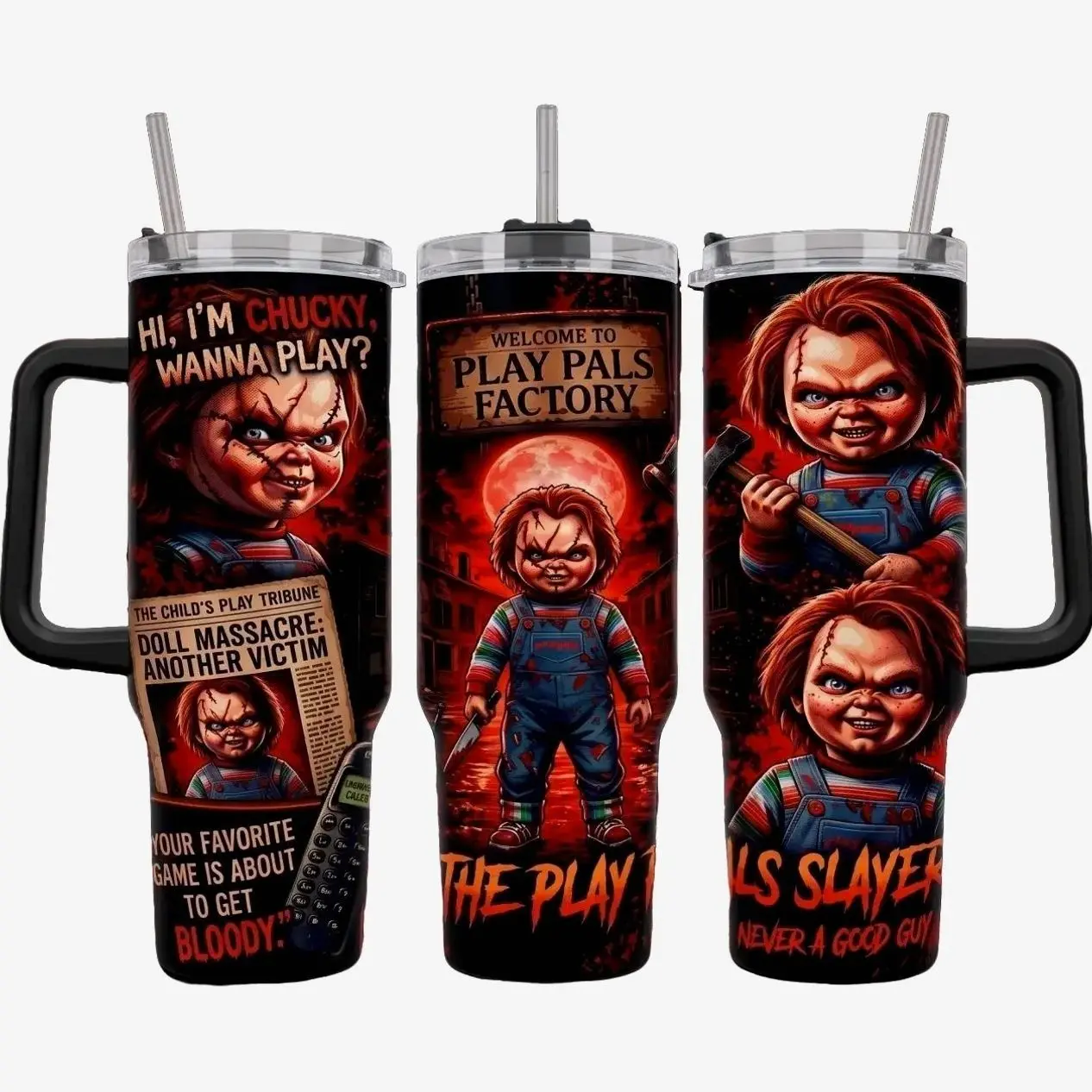 Chucky Childs Play 40oz Tumbler with Handle and Straw, Wanna Play Insulated Travel Mug, Horror Movie Red Black Stainless Steel Cup, Good Guys Slasher Doll Graphic, Spooky Halloween Birthday Gift for Horror Fans