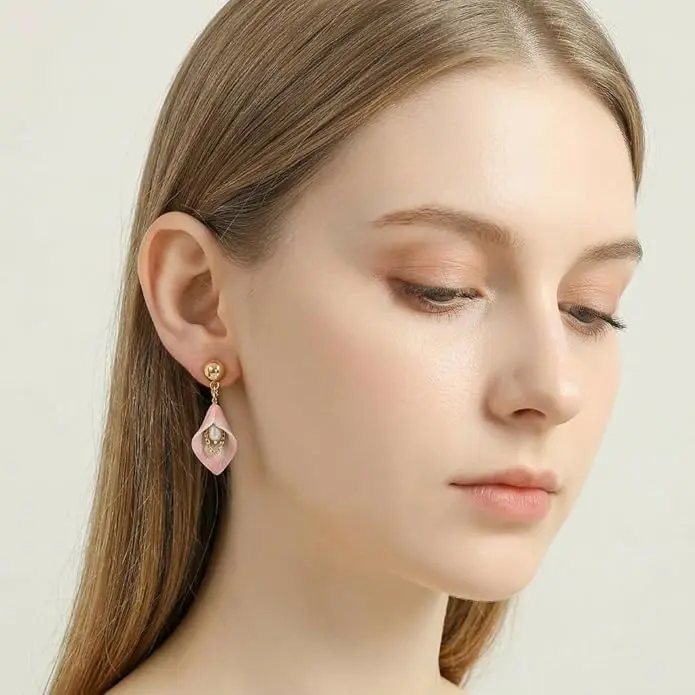 Pink Lily of the Valley Pearl Earrings for Women | Hand Painted Enamel Floral Drop Earrings with 925 Sterling Silver Posts