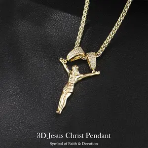 Holylegend 14K Real Gold-Plated Jesus Christ Pendant Necklace for Men and Women, 3D Christ Charm with Diamond Double-Lock Clasps, 24 inches Chain, Religious Gold Plated Jewelry Gift for Fashion Lovers