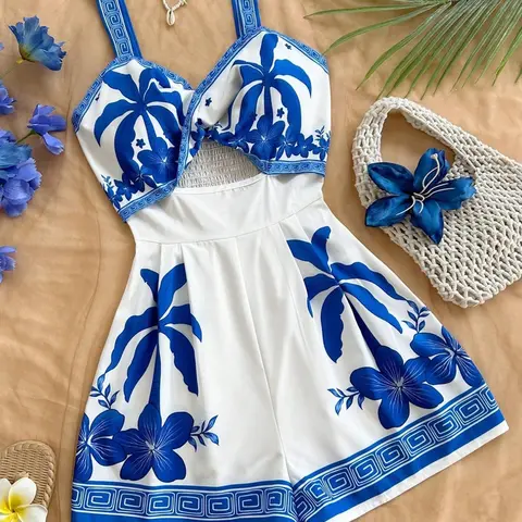 Women's Relaxed Fit Jumpsuit with Palm Tree Print and Embroidered Front Knot, Casual Boho Beachwear for Summer Vacation, Floral Beach Dress
