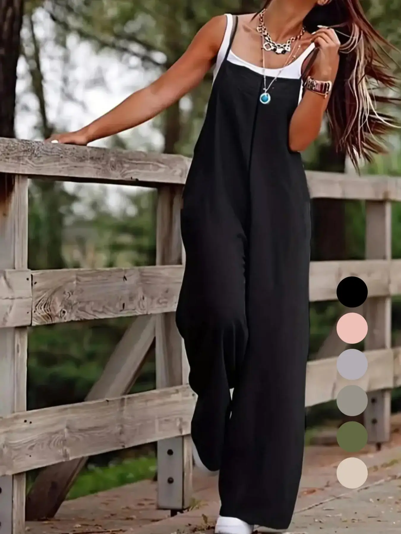 Women's Basic Solid Color Wide Leg Cami Jumpsuit without Tank Top, Casual Sleeveless Spaghetti Strap Jumpsuit for Summer, Ladies Clothes for Daily Wea