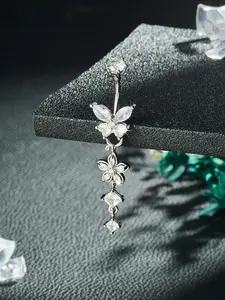 Y2K Butterfly Belly Button Ring with Cubic Zirconia, Flower Pendant Design, Stainless Steel Navel Jewelry for All Occasions, Perfect Gift, Navel Piercing Jewelry