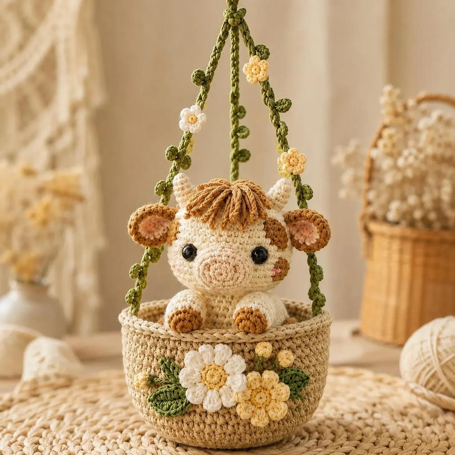 Handmade Crochet Highland Cow Car Hanging Ornament | Cute Sunflower Amigurumi Rear View Mirror Charm | Farmhouse Car Decor | Cute Gift