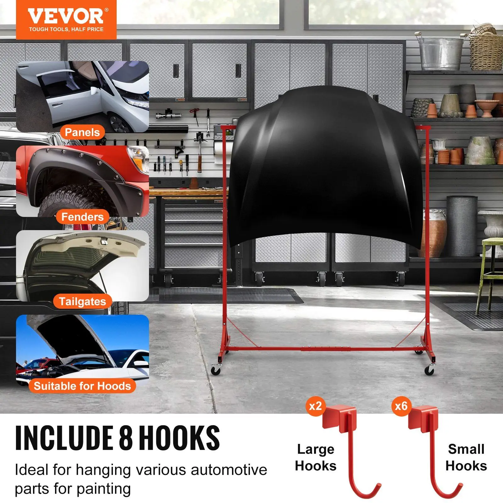 VEVOR Newly Upgraded Adjustable Paint Organiser - 8-Hook Hanging Auto Body Painting Rack with Telescopic Design, Smooth-Rolling Wheels for Heavy Loads