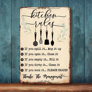 "Vintage Kitchen Rules Metal Sign, 8x12 Inch Aluminum Wall Decor, Retro Funny Kitchen Quote Wall Art for Home Kitchen Decor "