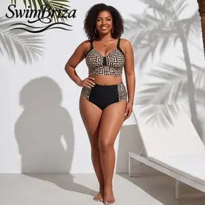 Briza｜Geometric Maze Print High Waisted Bikini Sets for Women Supportive Longline Tummy Control Swimsuit Plus Size Black Ivory 2 Piece Bathing Suit Vacation Beach Swimwear, Women's Swimwear, Bathing Suit for Women, Two Piece Bathing Suit