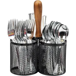 Utensil Holder, Silverware Organizer,, Cutlery Holder,, Mesh, 7.5"L x 7.5"W x 9.75"H, Black