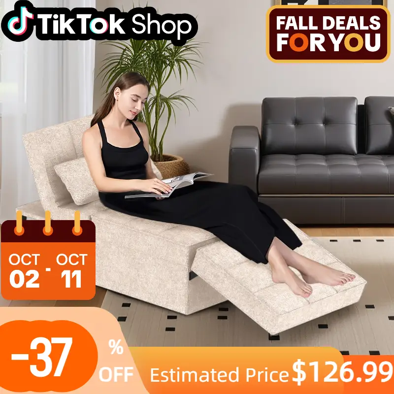 【TikTokShopfalldealsforyou】FlexiSpot Convertible Sleeper Chair Sofa Bed, 75 inches, with 5-Level Adjustable Backrest, Folding Ottoman Bed Sofa for Liv
