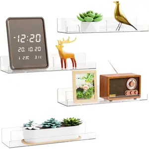 4 Pack Acrylic Shelves for Wall Storage,No Drilling Adhesive Shelves,Clear Stick On Bathroom Wall Shelf Organizers,Plastic Floating Shelves for Perfume,Funko,Lego,Skincare,Bookshelf for Kids