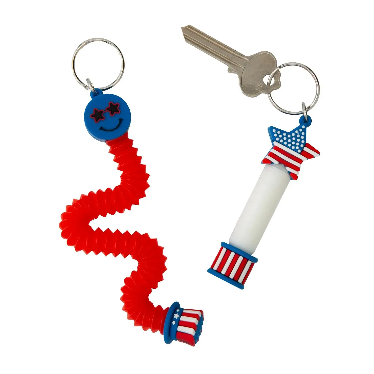 4" Patriotic Expanding Tube Smile & Star Plastic Fidget Toy Keychains - 12 Pc.