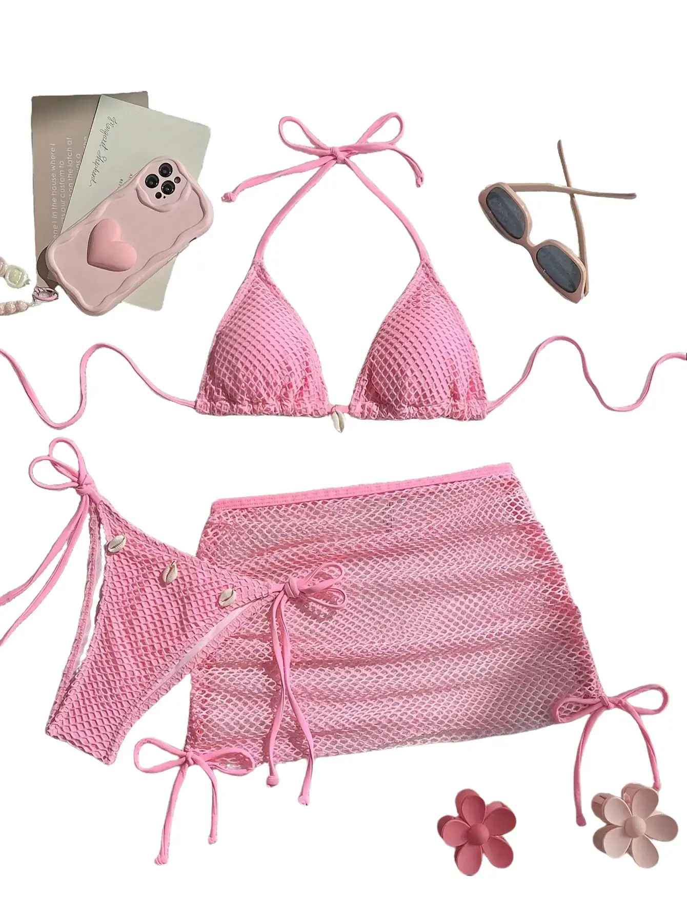 Women's 3-Piece Polyester Sea-Themed Bikini Set - Pink Triangle Top, Shell-Detailed Swimsuit, Mesh Crochet Cover-Up Skirt, Adjustable Multi-Size Non-See-Through Poolcore Design, Customizable Fit, Three-Piece Bikinis Set, Poolcore Bikinis Set