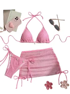 Women's 3 Piece Crochet Bikini Set Pink Triangle Top Mesh Cover Up Skirt Shell Detail Bathing Suit