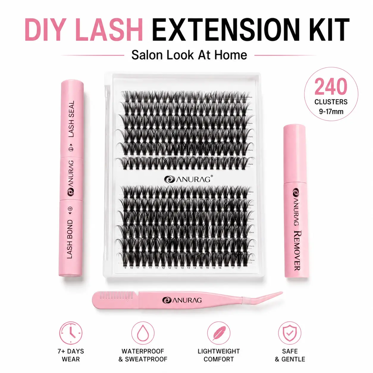 ANURAG DIY Cluster Eyelash Extensions Kit - D-Curl 240 Mixed 9-17mm Clusters, 2-in-1 Bond & Seal Glue, Gentle Remover, Precision Curved Tweezer, 7+ Days Waterproof Reusable At-Home Set for Beginners' Daily Natural Looks