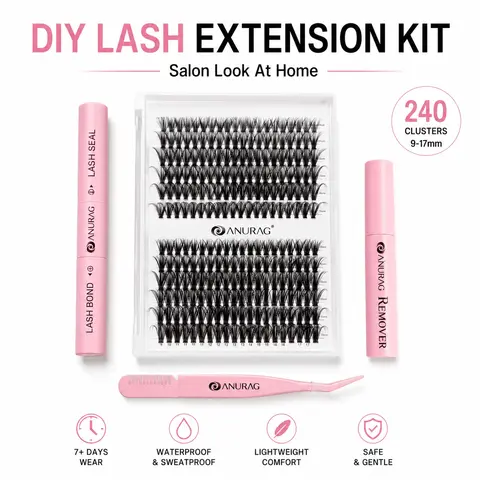 ANURAG DIY Lash Cluster Eyelash Extensions Kit - D-Curl 240 Mixed 9-17mm Clusters, 2-in-1 Bond & Seal Glue, Gentle Remover, Precision Curved Tweezer, 7+ Days Waterproof Reusable At-Home Makeup Set for Beginners' Daily Natural Looks, Back to School
