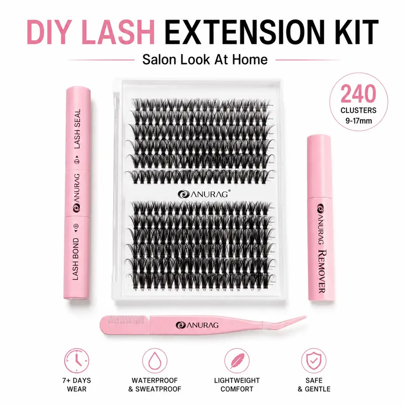ANURAG DIY Lash Cluster Eyelash Extensions Kit - D-Curl 240 Mixed 9-17mm Clusters, 2-in-1 Bond & Seal Glue, Gentle Remover, Precision Curved Tweezer, 7+ Days Waterproof Reusable At-Home Makeup Set for Beginners' Daily Natural Looks, Back to School
