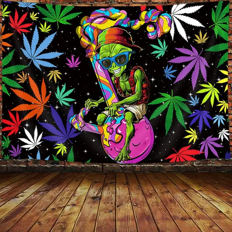 Trippy Weed Marijuana Tapestry Cool Alien Marijuana Leaf Tapestry for Bedroom, Psychedelic Tie Dye Stoner Tapestry for Men Weed Aesthetic Hippie Wall Art Poster for Dorm (60X40 Inch), Yellow