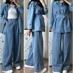 2025 New European and American Women's Fashion Long Sleeve Denim Jacket + Wide Leg Jeans Two-Piece Set