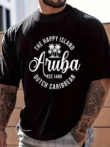 100% Cotton The Happy Island Aruba Dutch Caribbean Beach Vacation T-Shirt Women's Men's Graphic Tee Crew Neck summer vacation Tops