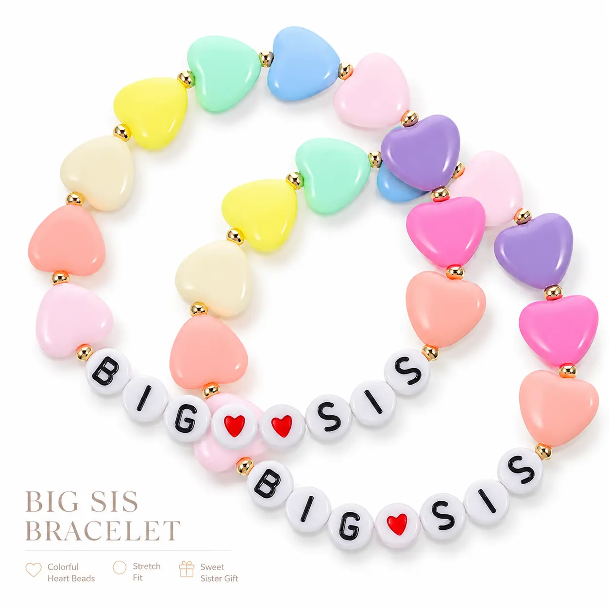 Big Sister Little Sister Bracelet 2 Pcs Colorful Letter Heart Beads Stretch Charm Set Sister's Big Bracelet Gift Little Girls' Sister Jewelry