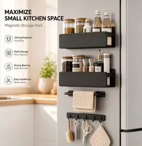 Magnetic Fridge Organizer Rack - No Drill Kitchen Storage Shelf with Towel Bar & Hooks