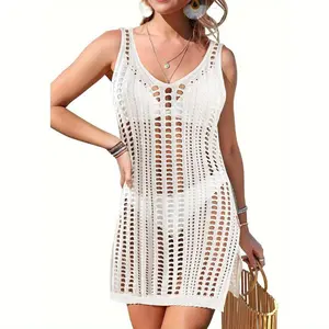 Zilva Women's Crochet Sleeveless Polyester Tank Dress - Beach Swimsuit Cover, Crochet Bikini Coverups, Swimwear Coverups, Beachwear with Elegant Knot Design and Side Slit, Summervibes