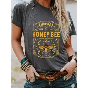 Women's Honey Bee Print Round Neck Graphic Tee, Vintage Trendy Casual Fitted Short Sleeve T-shirt for Everyday Daily Wear, Ladies Summer Outfit, Spring