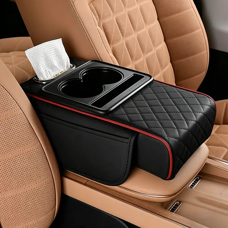 Car Center Console Cushion 5-in-1 Armrest Organizer with Storage Bags, Cup Slot, Phone & Tissue Holder for Cars, Interior Accessories (Black Red)