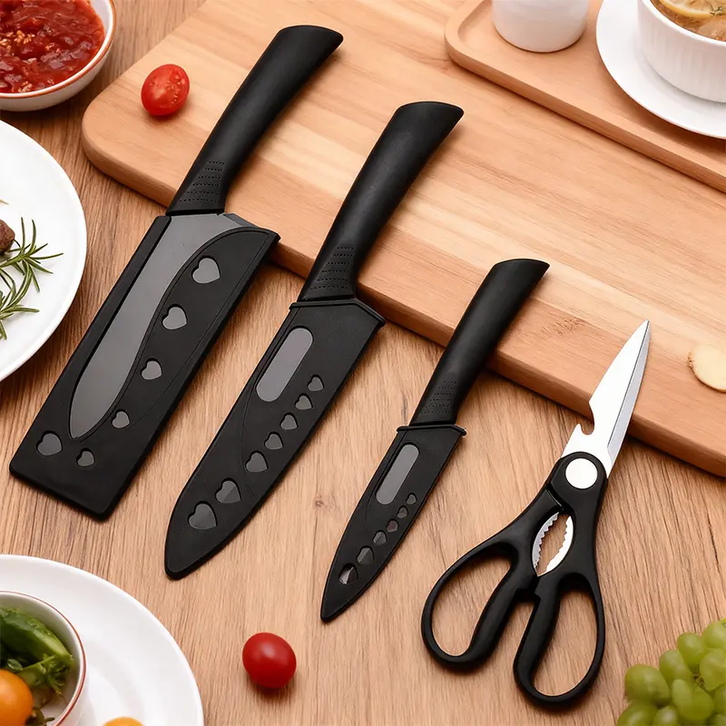Black 4-Piece Stainless Steel Kitchen Knife Set, Dishwasher Safe Kitchenware for Cooking & Cutting, Ergonomic Handle Design Suitable for Home Chefs